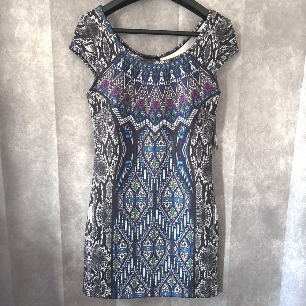 NWT Laundry Shelli Segal Dress Womens PMedium Blue Sheath Geometric $225 MSRP